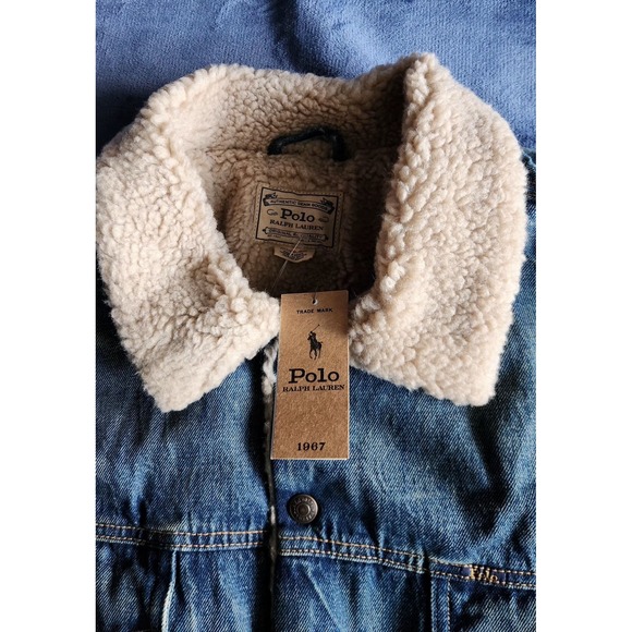 NWT Polo Ralph Lauren Men's Sherpa Fleece Lined Denim Trucker Jean Jacket w/Flag - Picture 9 of 14